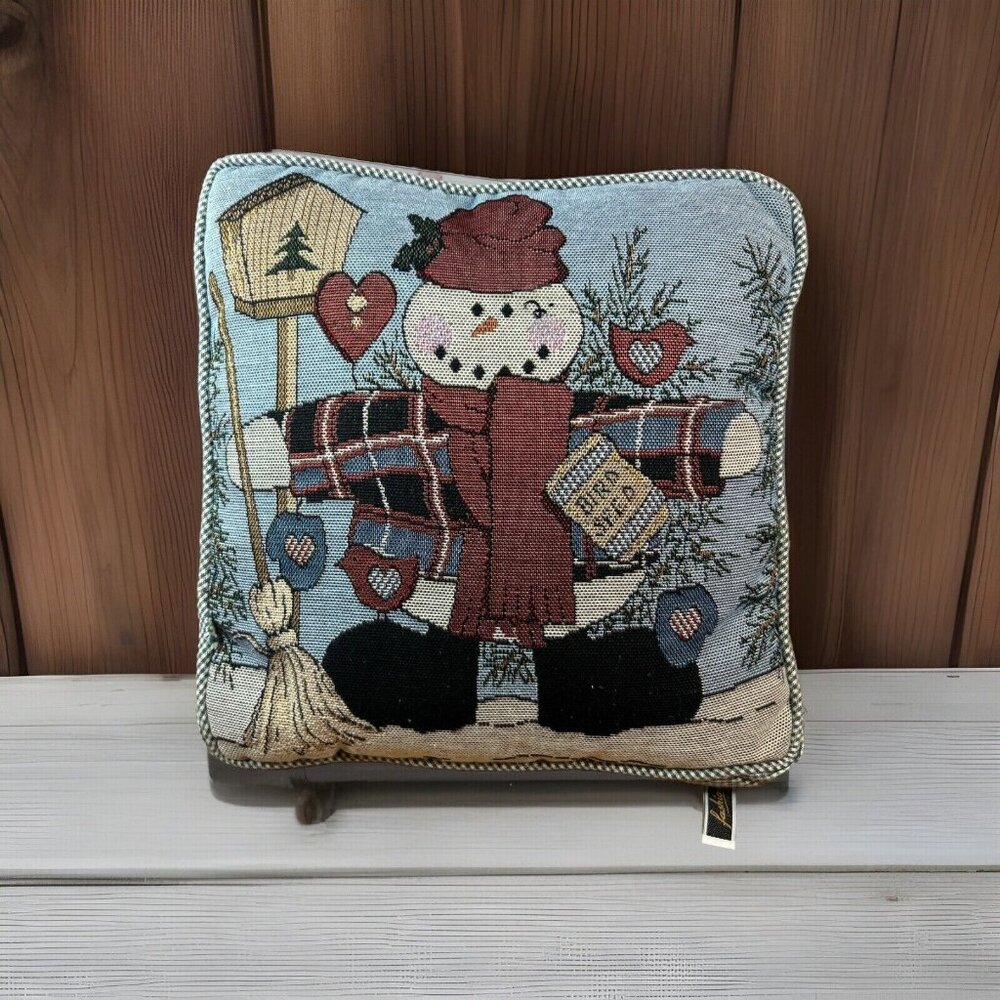 Christmas Winter Country Snowman 12” Throw Pillow Blue Green Gingham Plaid Back